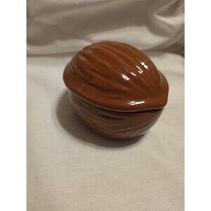 Vtg Ceramic Walnut Lid Dish Mid Century Brown Glazed Nut Candy Bowl Fall  Decor